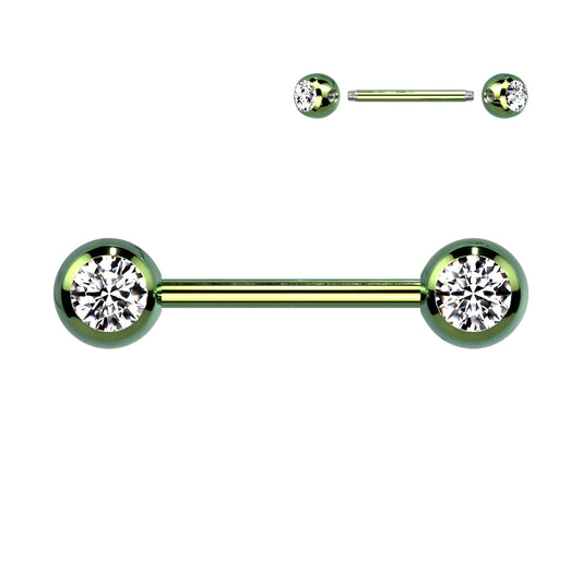 Green Steel Titanium IP Clear Gem Nipple Bar 14g