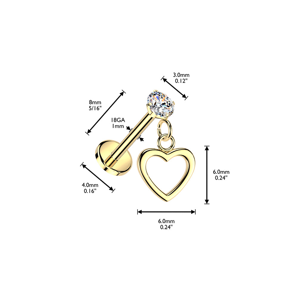 Heart Dangle Threadless Flat Back Stud 18g-16g measurements
