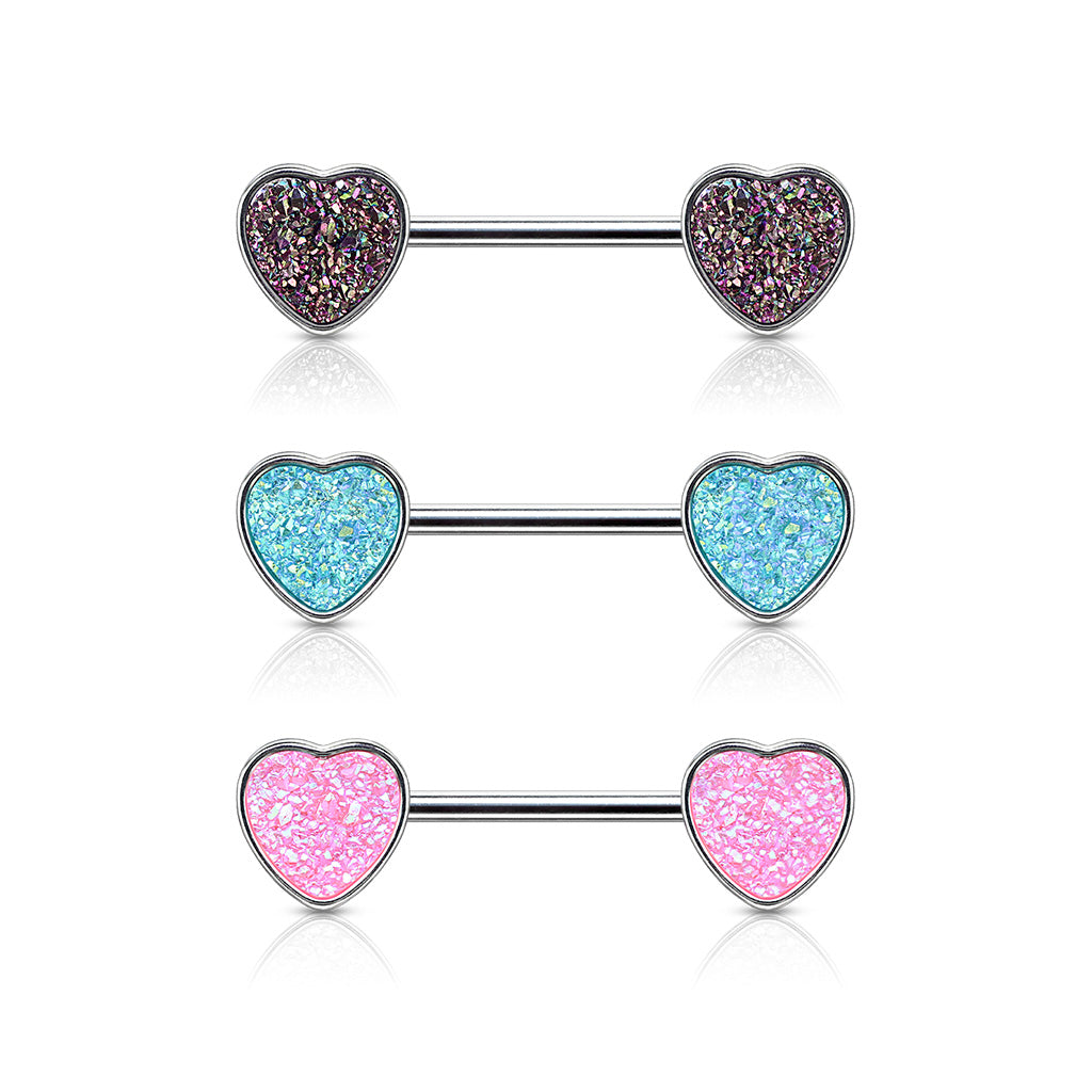 Heart Druzy Stone Nipple Bar 14g