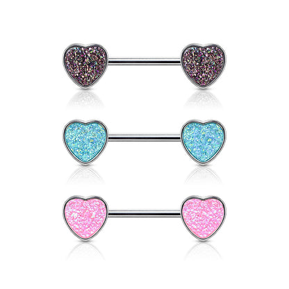 Heart Druzy Stone Nipple Bar 14g