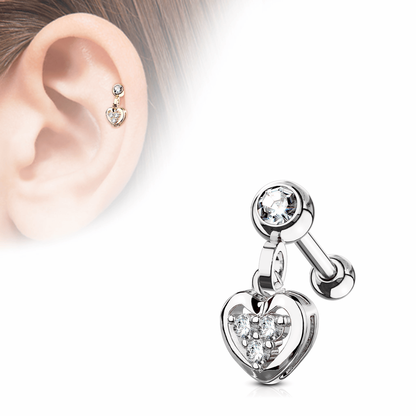 Heart gem dangle cartilage tragus ear piercing bar