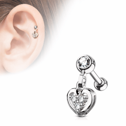 Heart gem dangle cartilage tragus ear piercing bar
