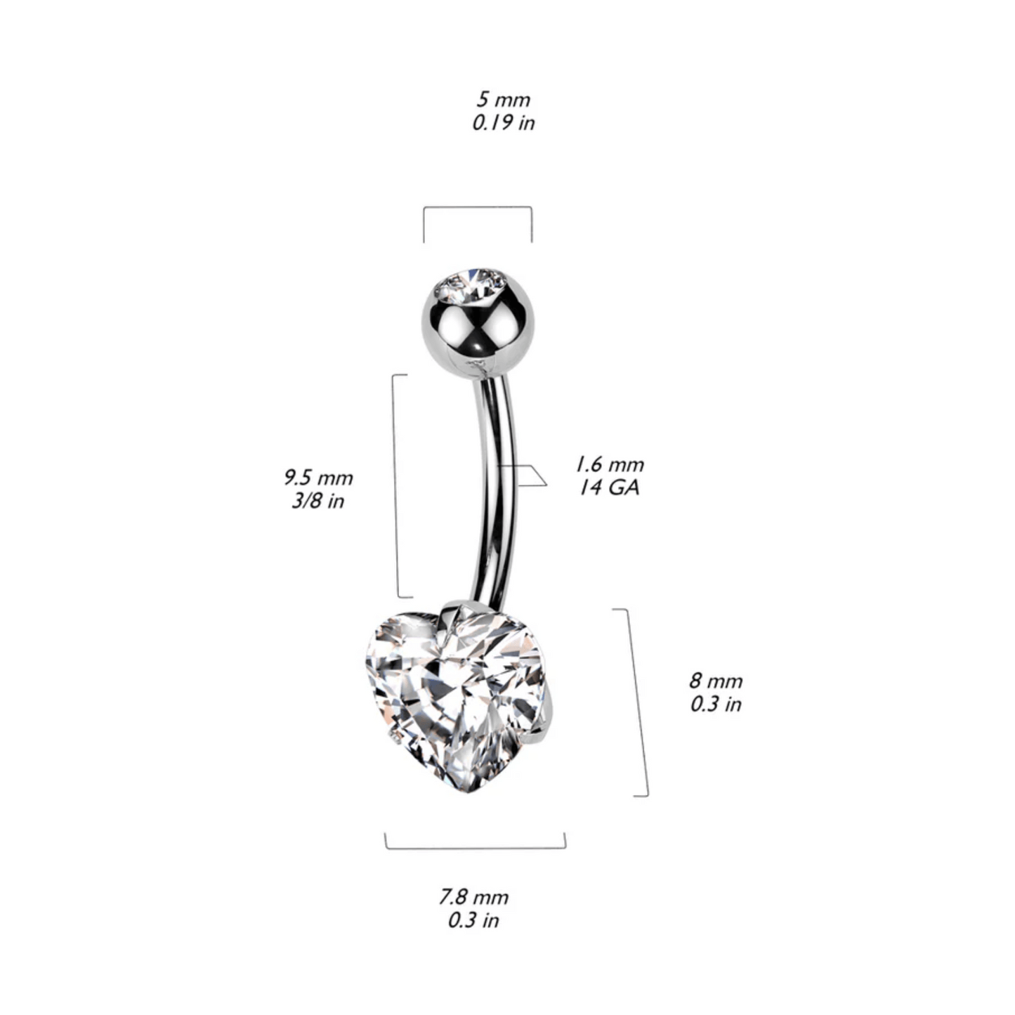 Implant Grade Titanium Double Pink Jewel Prong Set Heart Belly Navel Bar Dimensions