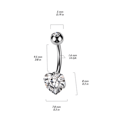 Implant Grade Titanium Double Pink Jewel Prong Set Heart Belly Navel Bar Dimensions