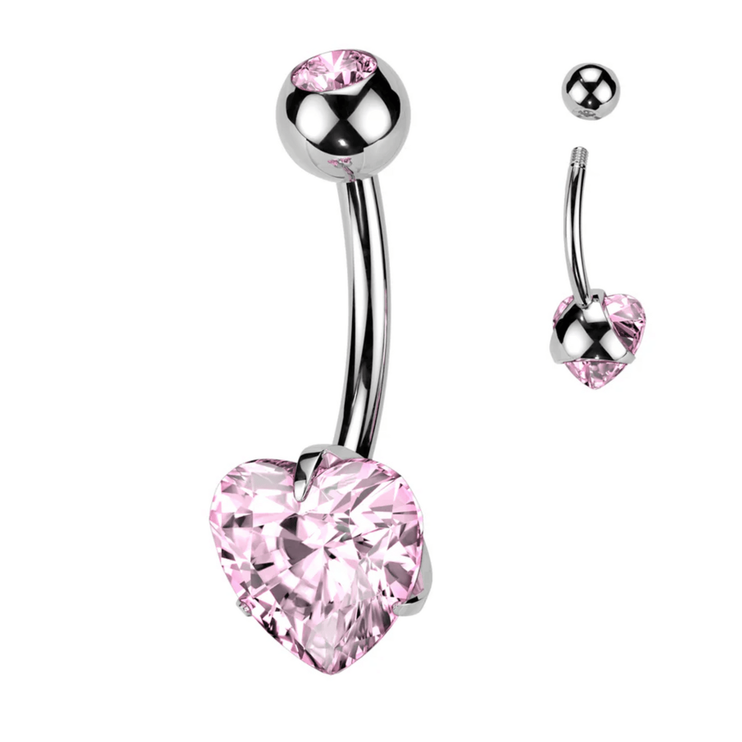 Implant Grade Titanium Double Pink Jewel Prong Set Heart Belly Navel Bar