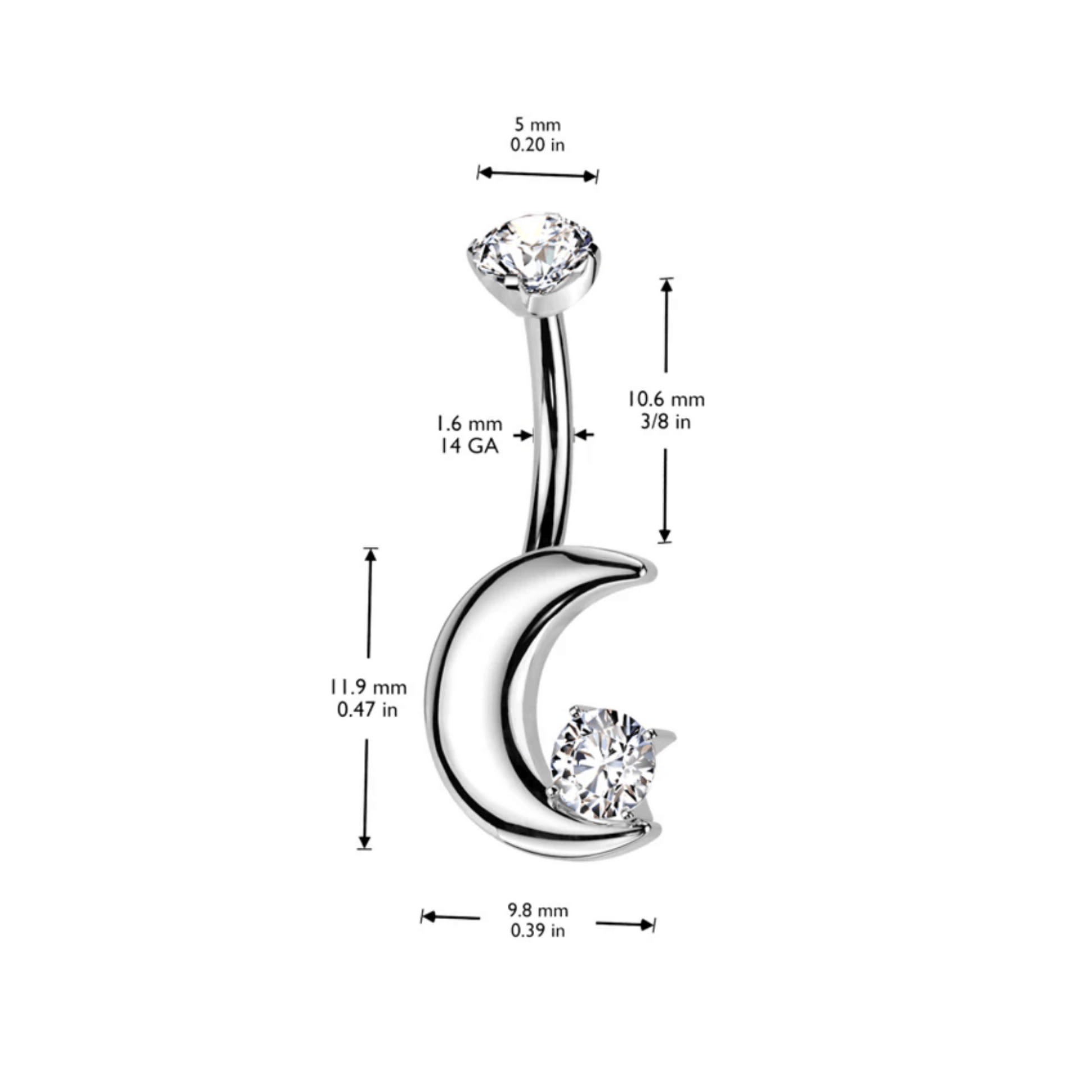 Implant Grade Titanium Gold Crescent Moon Belly Navel Bar dimensions