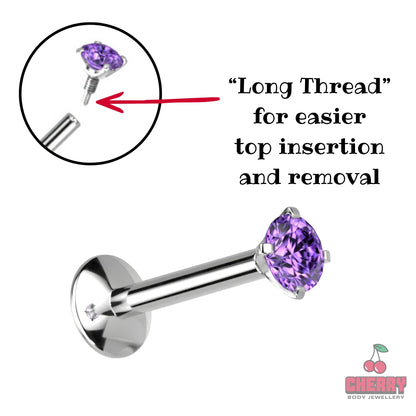 Implant Grade Titanium Purple Prong Set Gem Internally Threaded Flat Back Stud