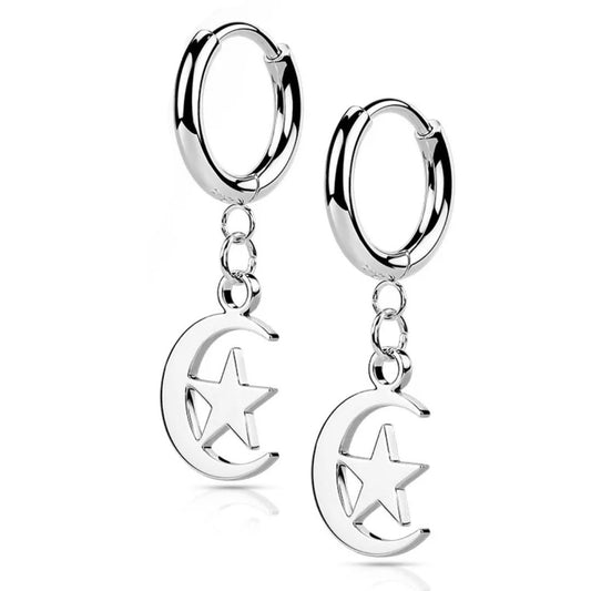 Silver Surgical Steel Moon & Star Dangle Earrings (pair)