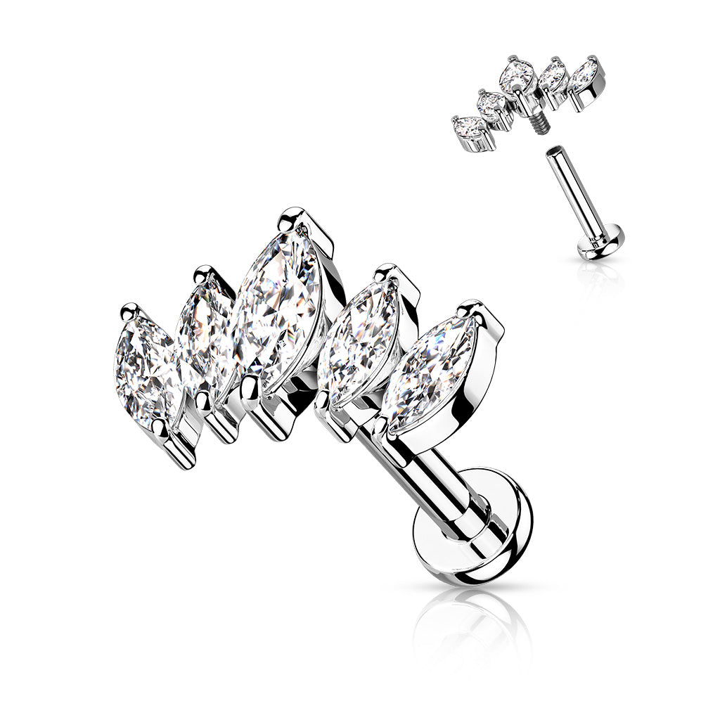 Marquise Fan Design Clear Gem Silver Flat Back Stud