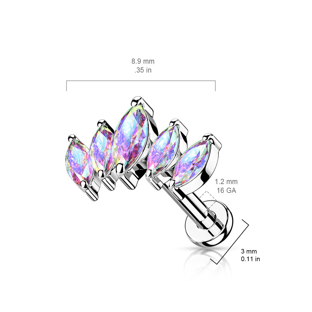Marquise Fan Design Gem Silver Flat Back Stud Dimensions