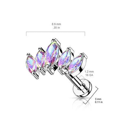 Marquise Fan Design Gem Silver Flat Back Stud Dimensions