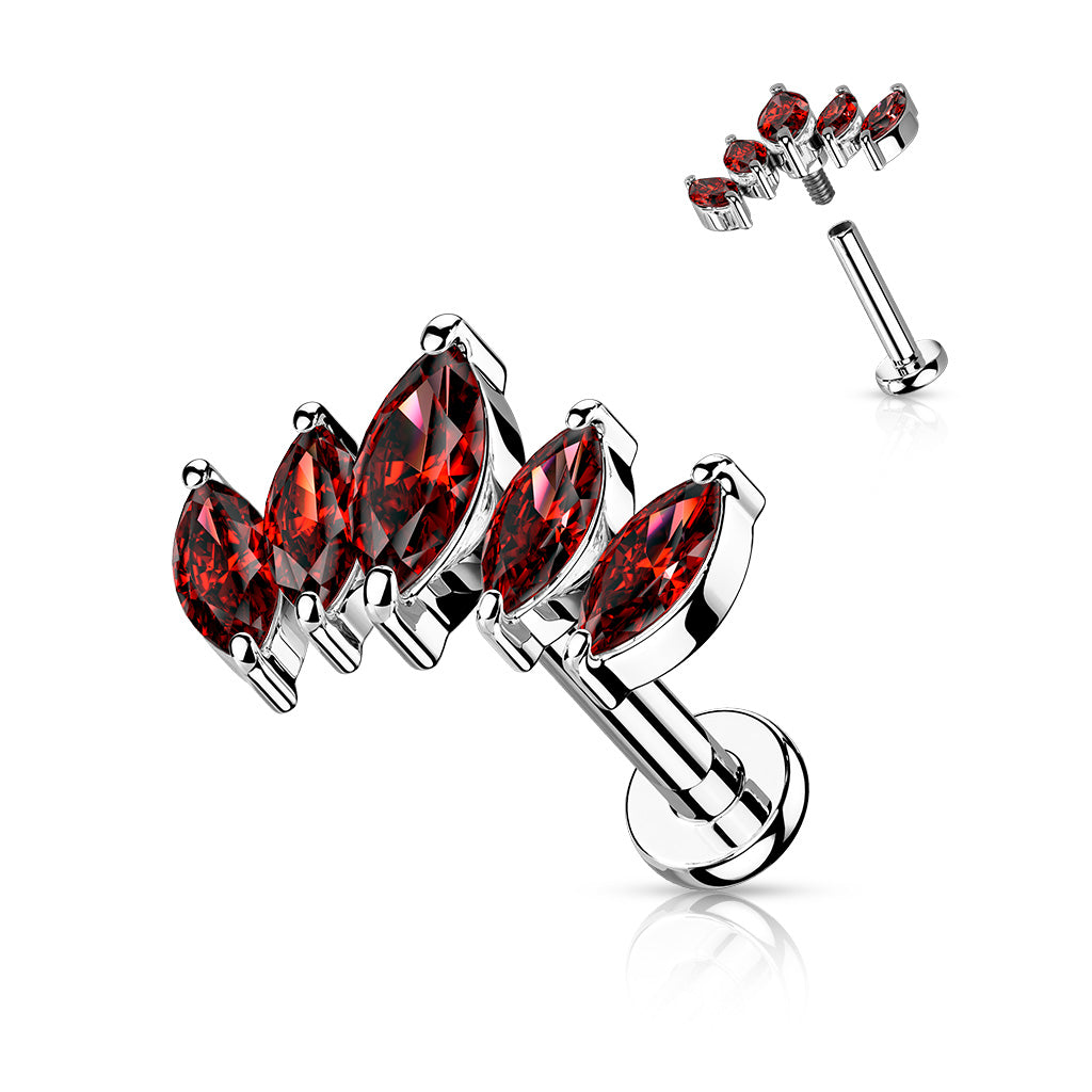 Marquise Fan Design Red Gem Silver Flat Back Stud