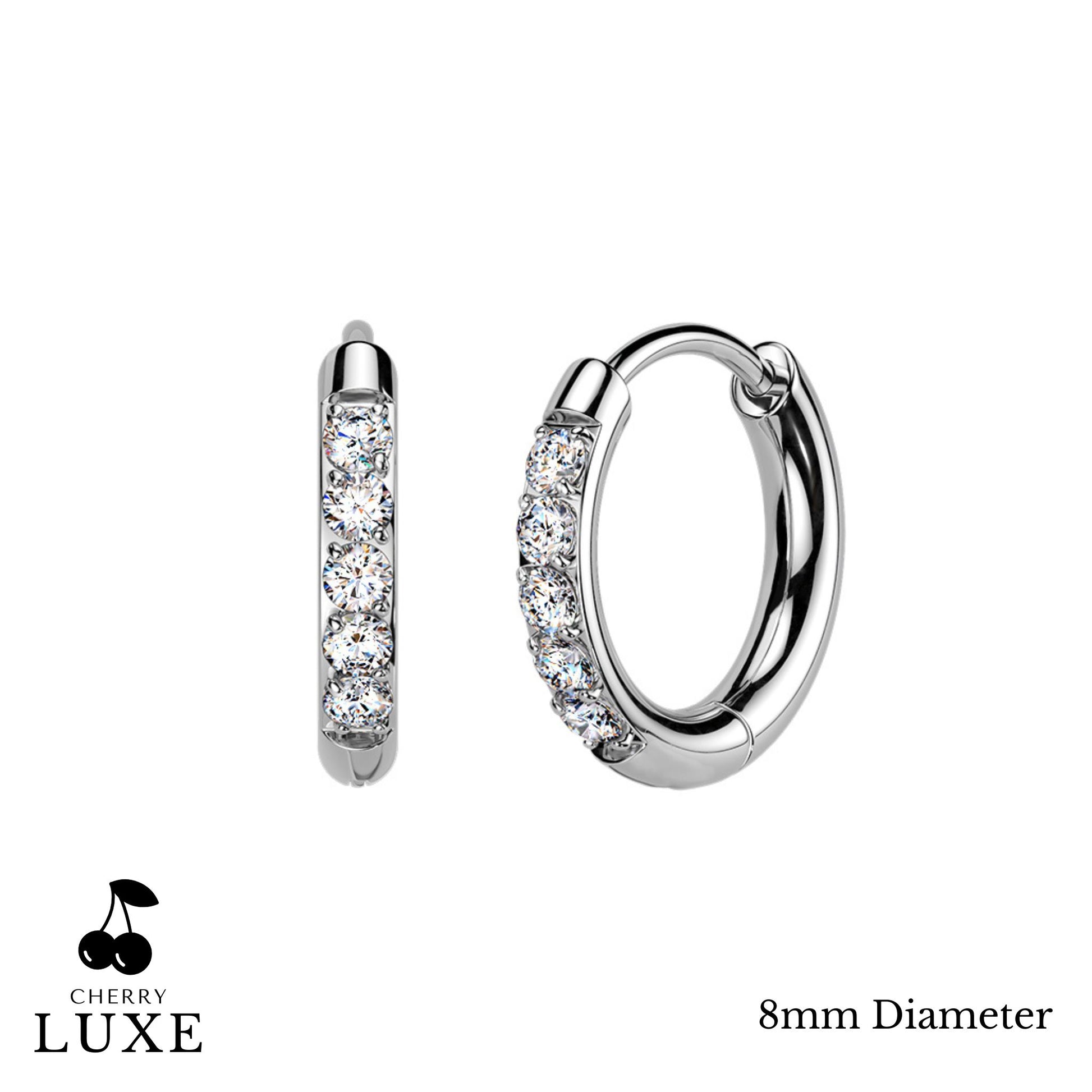 Moissanite Diamond CNC Set Titanium Silver Huggie Hoops 8mm