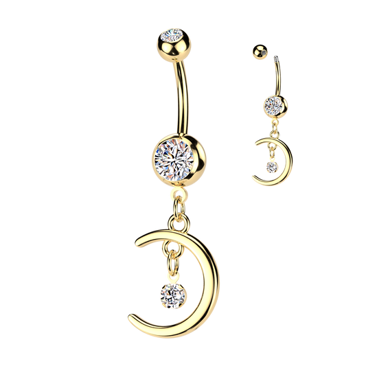 Moon Gem Dangle Gold Belly Button Bar 14g