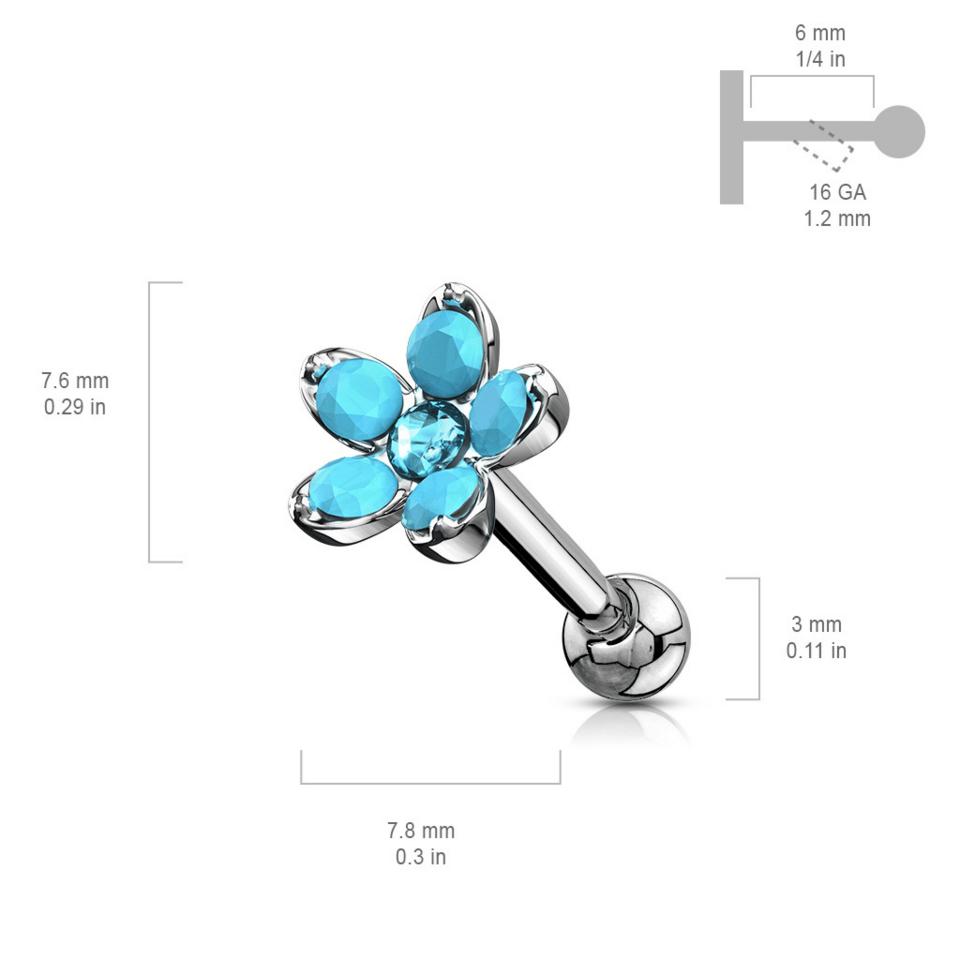 Opalite Flower with Opal Center Cartilage Earring Dimensions