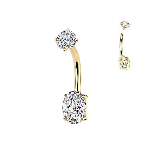 Oval Clear Gem Gold Internally Threaded Belly Button Bar