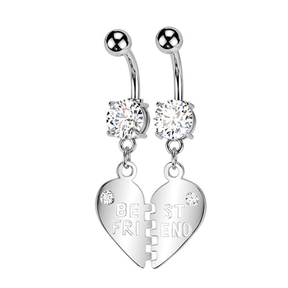 PAIR Silver Clear Gem 'Best Friend' Dangle Belly Button Bars