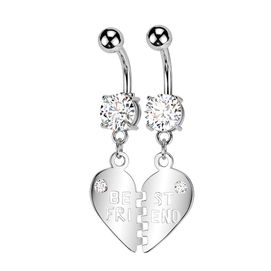 PAIR Silver Clear Gem 'Best Friend' Dangle Belly Button Bars
