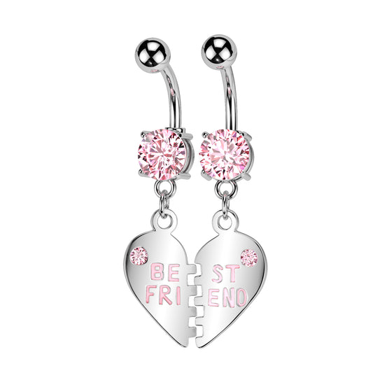 PAIR Silver Pink Gem 'Best Friend' Dangle Belly Button Bars