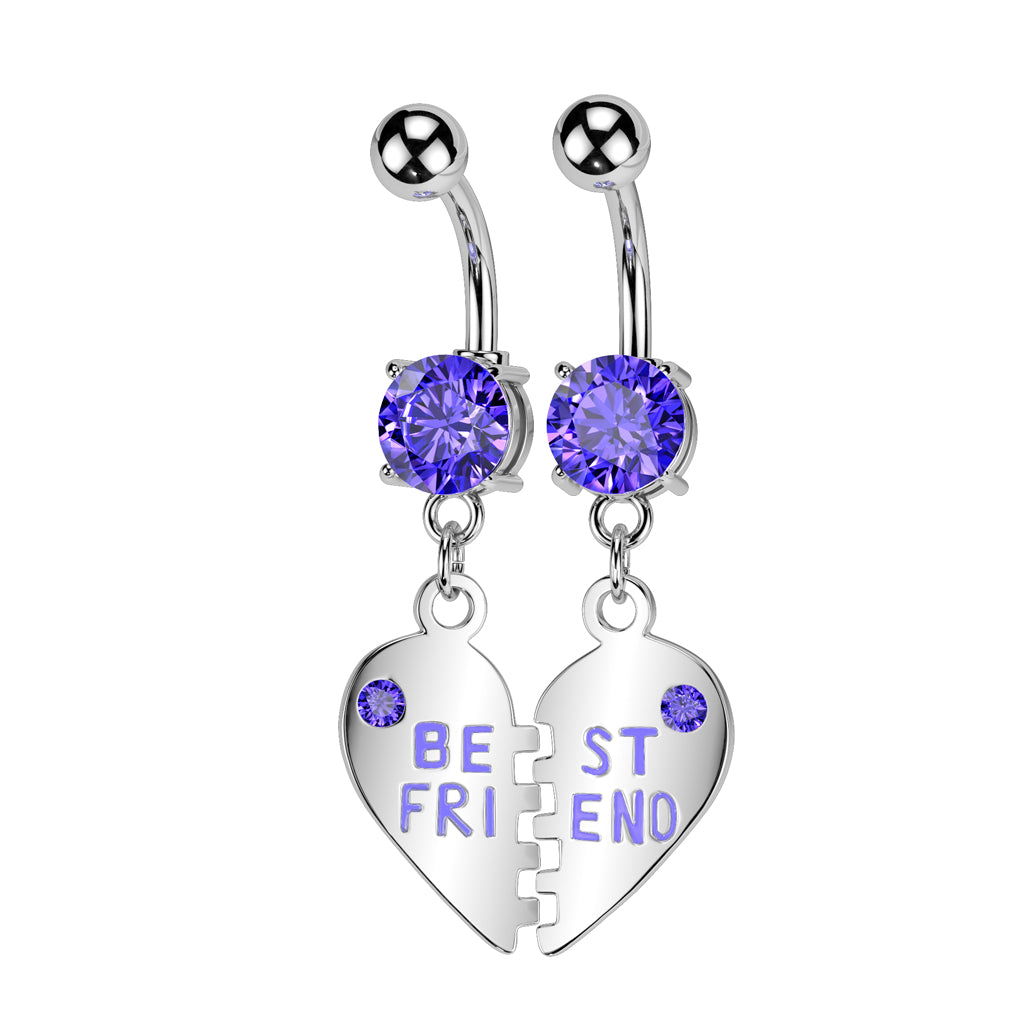 PAIR Silver Purple Gem 'Best Friend' Dangle Belly Button Bars