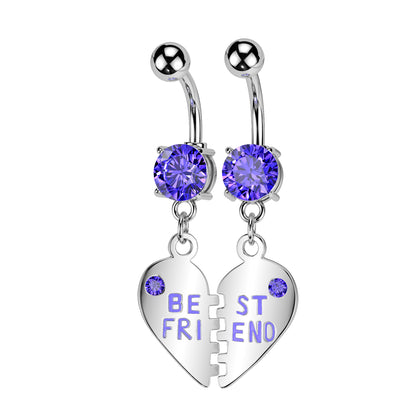 PAIR Silver Purple Gem 'Best Friend' Dangle Belly Button Bars