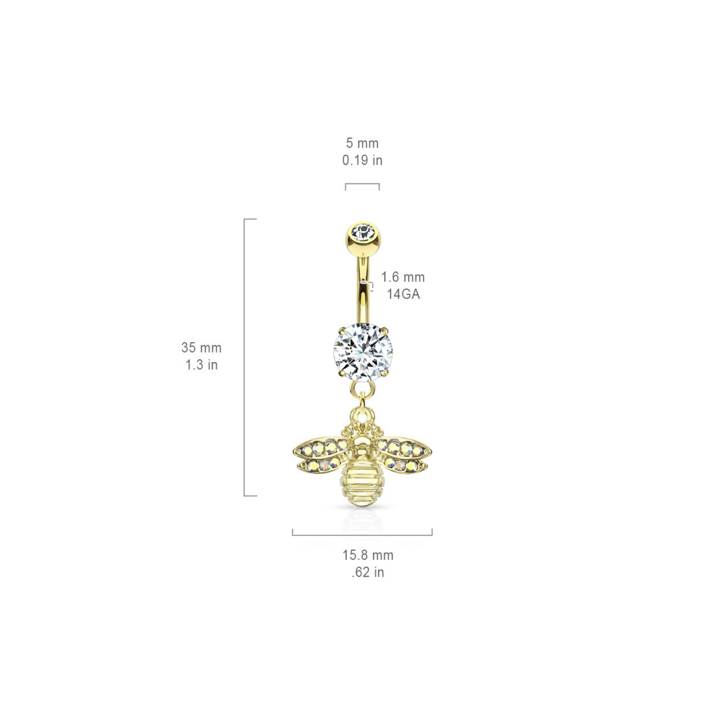 Paved Wing Bee Navel Piercing Bar Dimensions