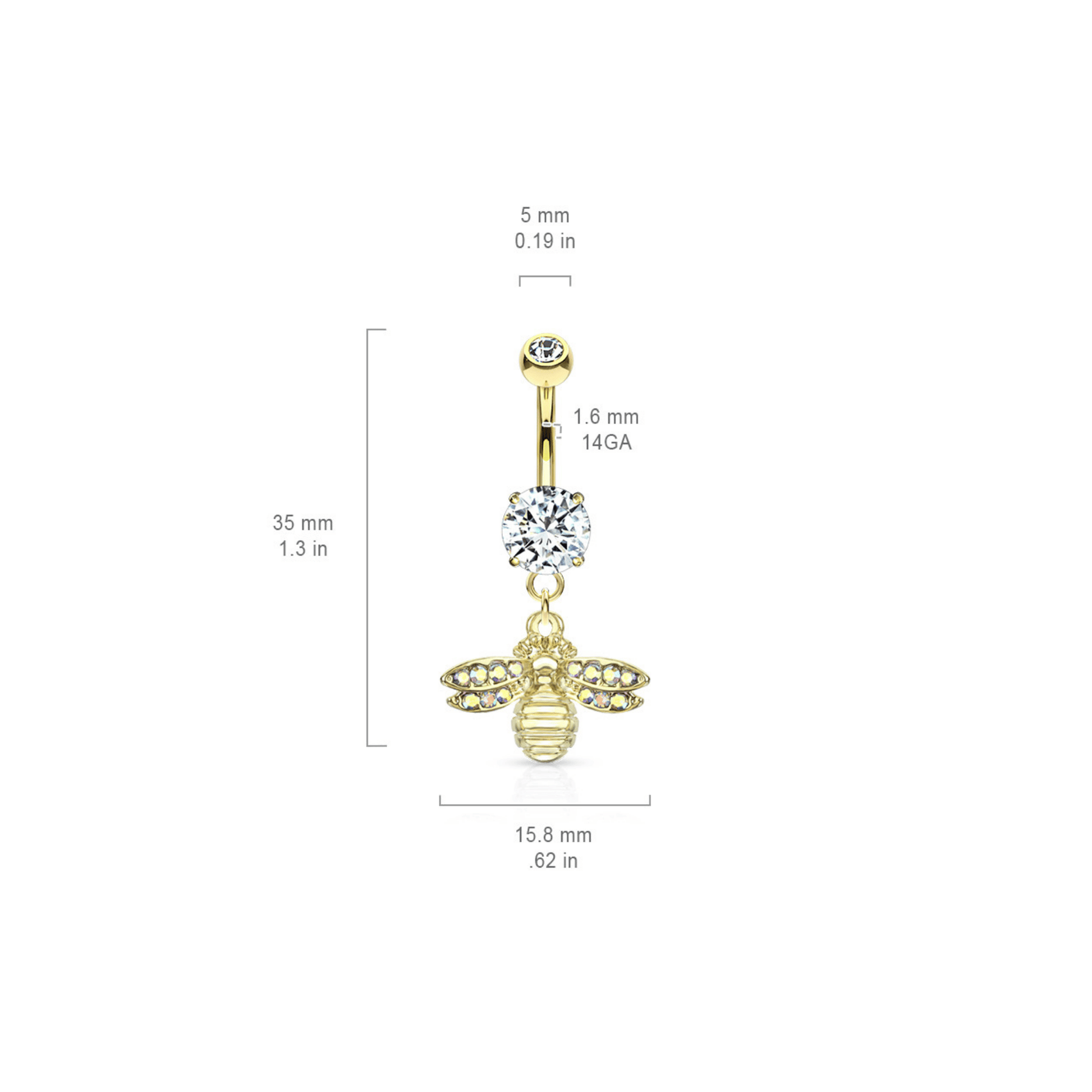 Paved Wing Bee Navel Piercing Bar Dimensions
