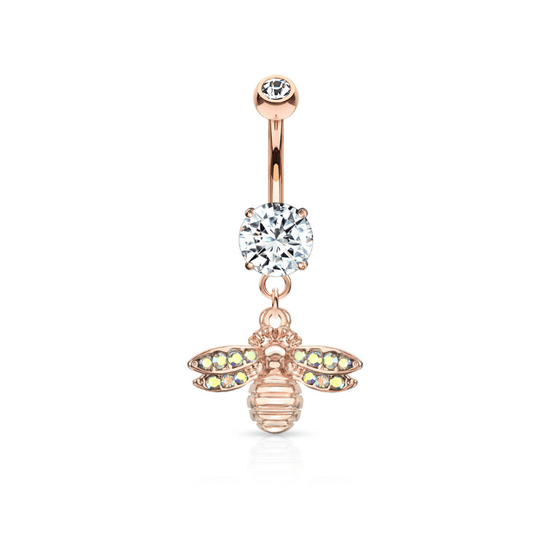 Paved Wing Bee Navel Piercing Bar Rose Gold