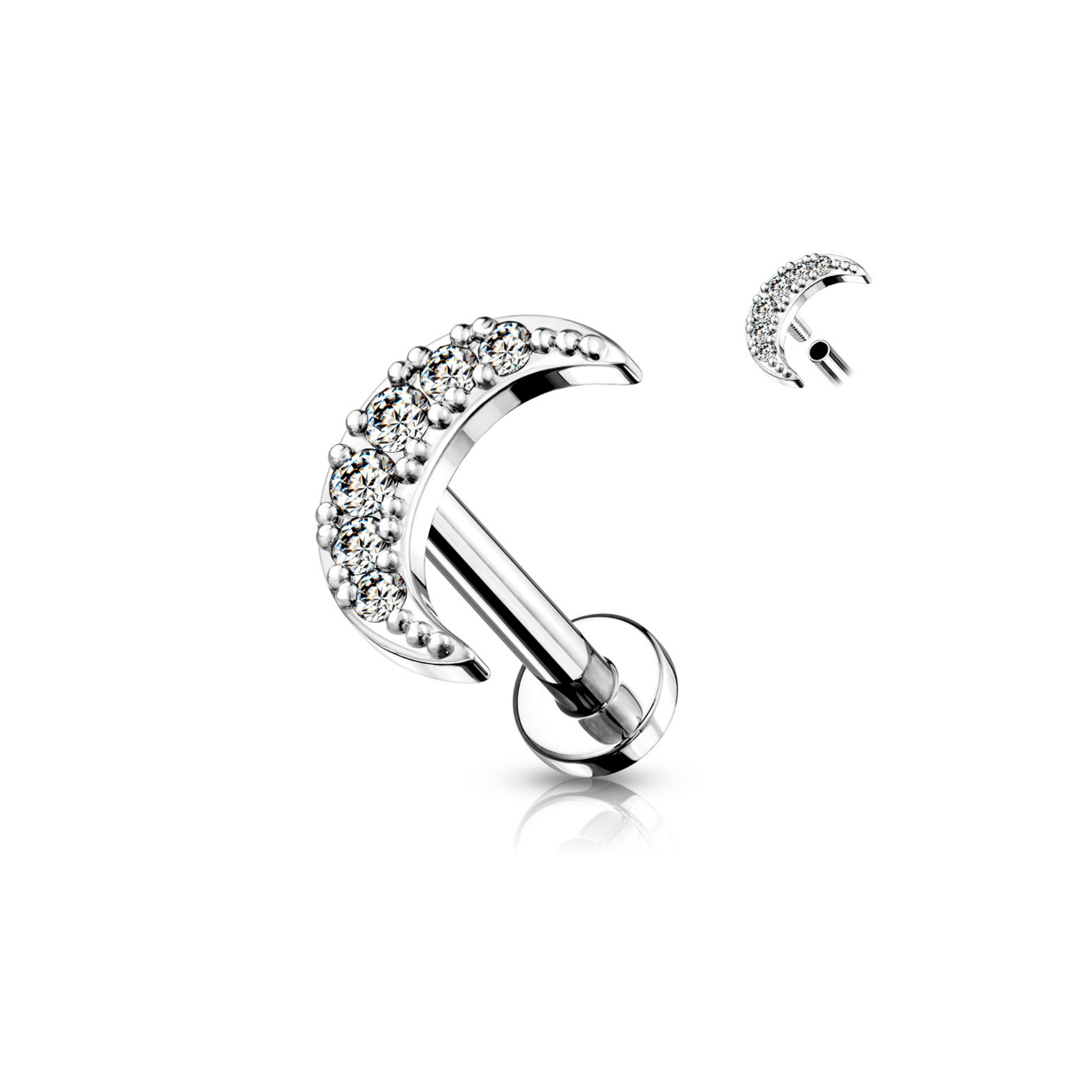 Silver Paved Crescent Moon Flat Back Stud 16g