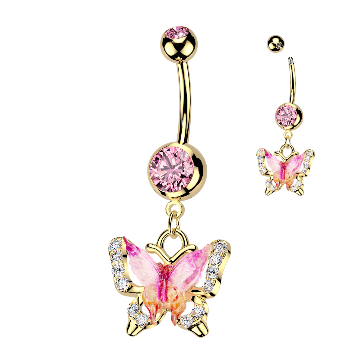 Pink Enamel Gem Butterfly Gold Belly Button Bar 14g