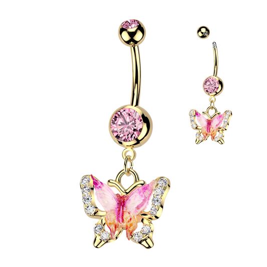Pink Enamel Gem Butterfly Gold Belly Button Bar 14g
