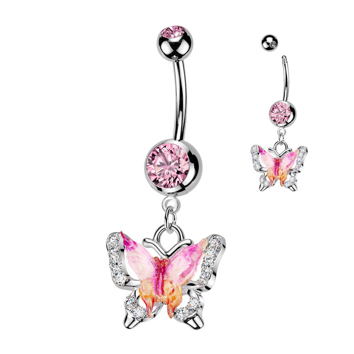 Pink Enamel Gem Butterfly Silver Belly Button Bar 14g