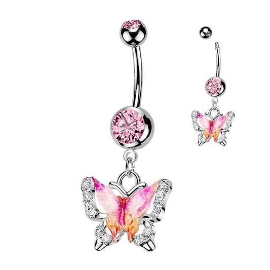 Pink Enamel Gem Butterfly Silver Belly Button Bar 14g