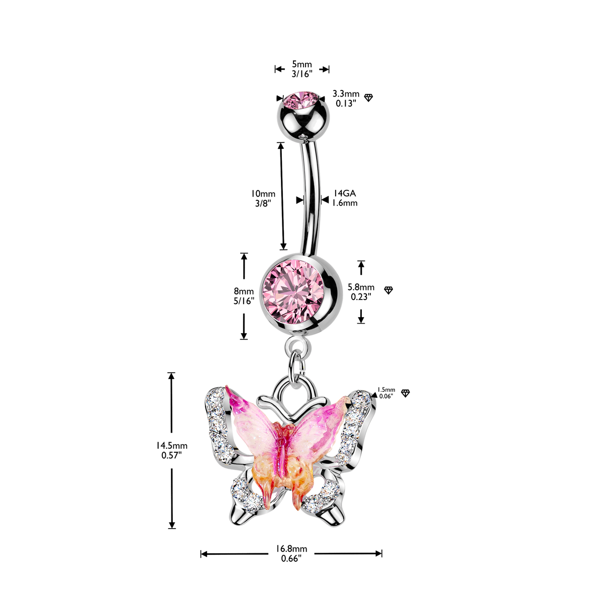 Pink Enamel Gem Butterfly Silver Belly Button Bar 14g dimensions