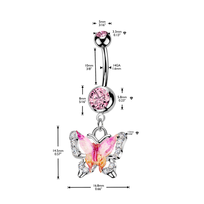 Pink Enamel Gem Butterfly Silver Belly Button Bar 14g dimensions