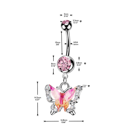 Pink Enamel Gem Butterfly Silver Belly Button Bar 14g dimensions