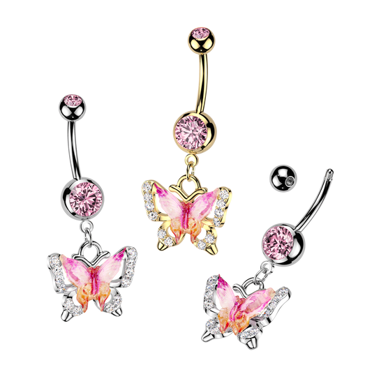 Pink Enamel Gem Butterfly Silver Belly Button Bar 14g range