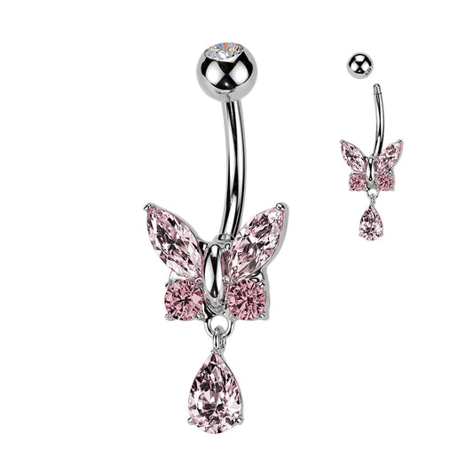 Pink Gem Butterfly Silver Dangle Belly Button Bar 14g