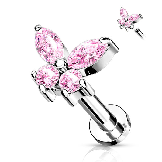 Pink Gem Silver Butterfly Flat Back Stud 16g
