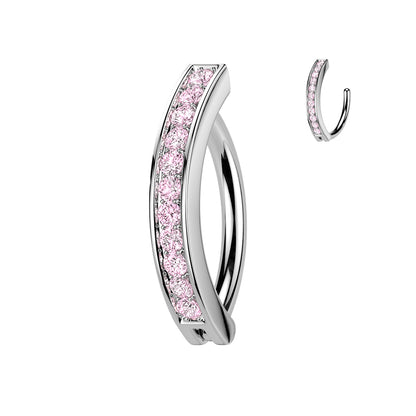 Pink Paved Gem Silver Clicker Belly Button Bar