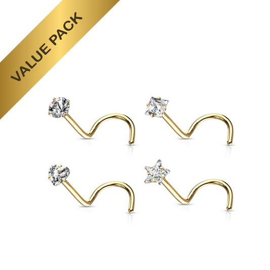 Prong Set Gold Clear Gem Nose Screw Set 20g