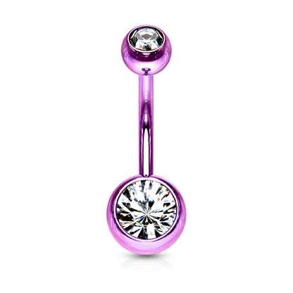 Purple Double Clear Gem Belly Button Bar