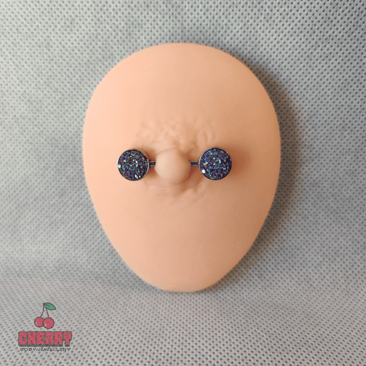 Purple Round Druzy Stone Nipple Bar 14g