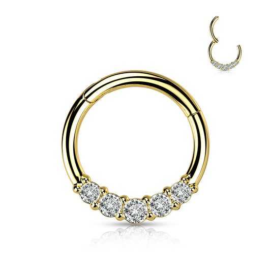 Gold Steel Clear 5 Gem Hinged Clicker Ring