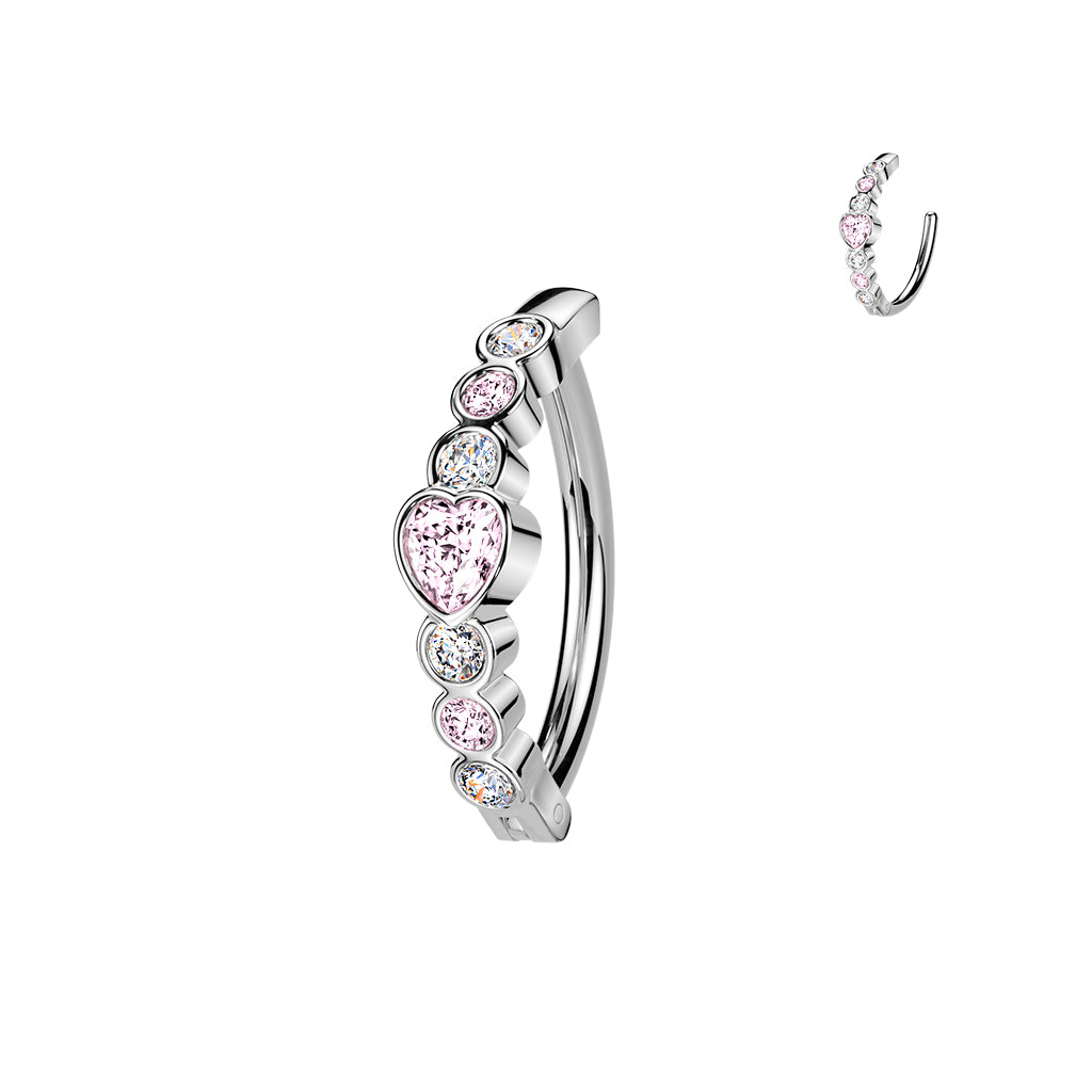 Heart Round Gem Silver Hinged Clicker Belly Button Bar