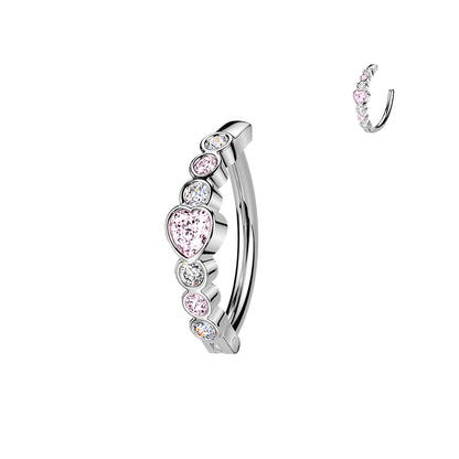 Heart Round Gem Silver Hinged Clicker Belly Button Bar