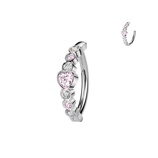 Heart Round Gem Silver Hinged Clicker Belly Button Bar