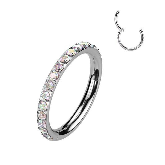Titanium Aurora Borealis CNC Side Gem Silver Hinged Clicker Ring
