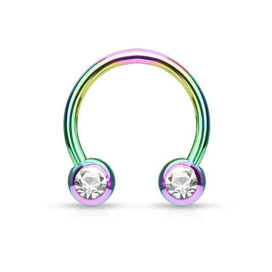 Rainbow Steel Clear Gem Horseshoe Barbell 16g