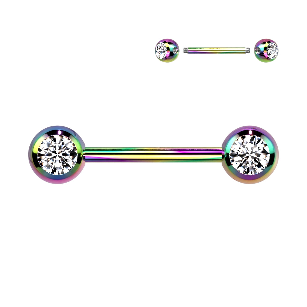 Rainbow Steel Titanium IP Clear Gem Nipple Bar 14g